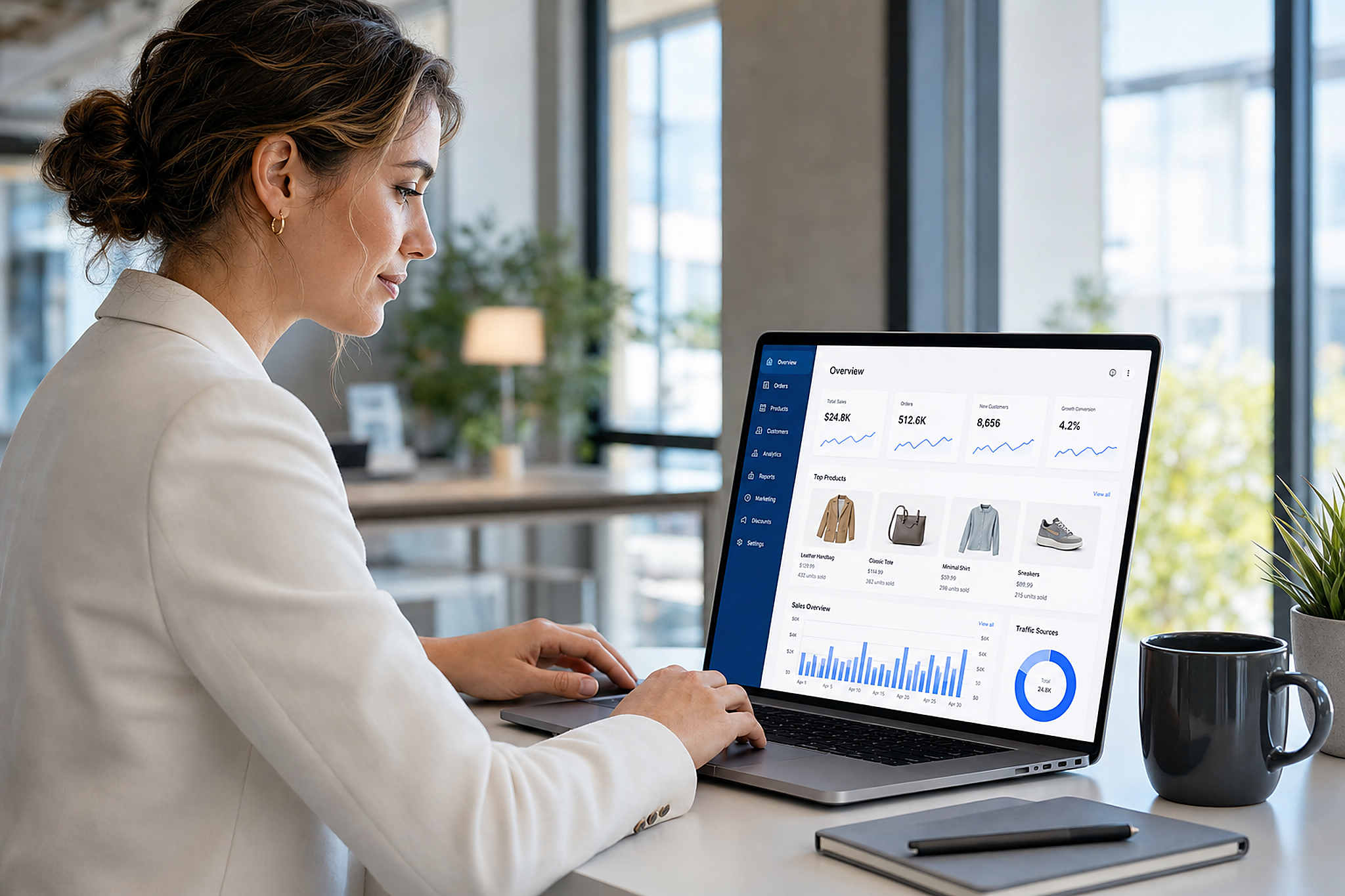 Professional using a laptop with an e-commerce analytics dashboard