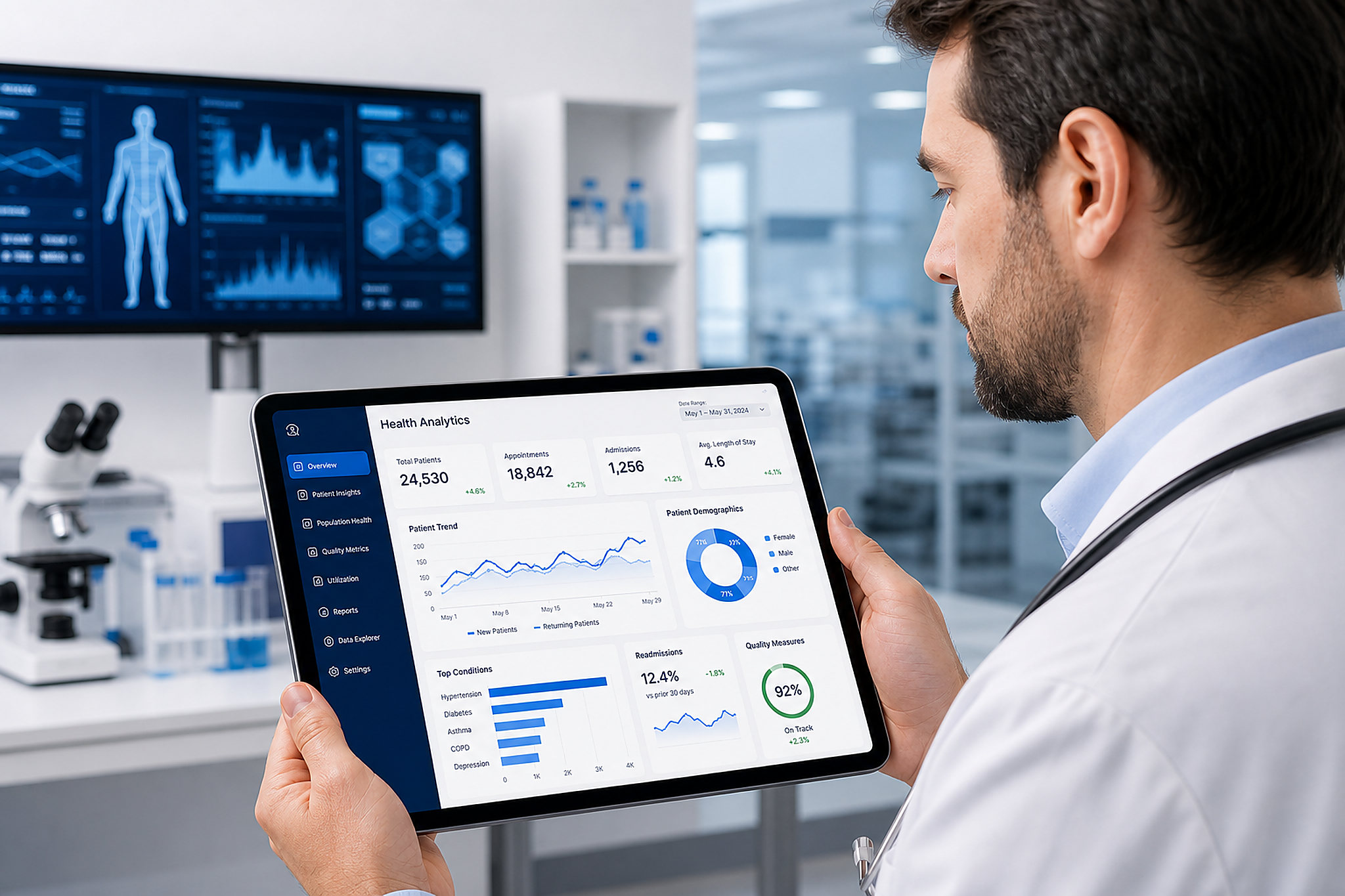 Doctor reviewing healthcare analytics on a tablet